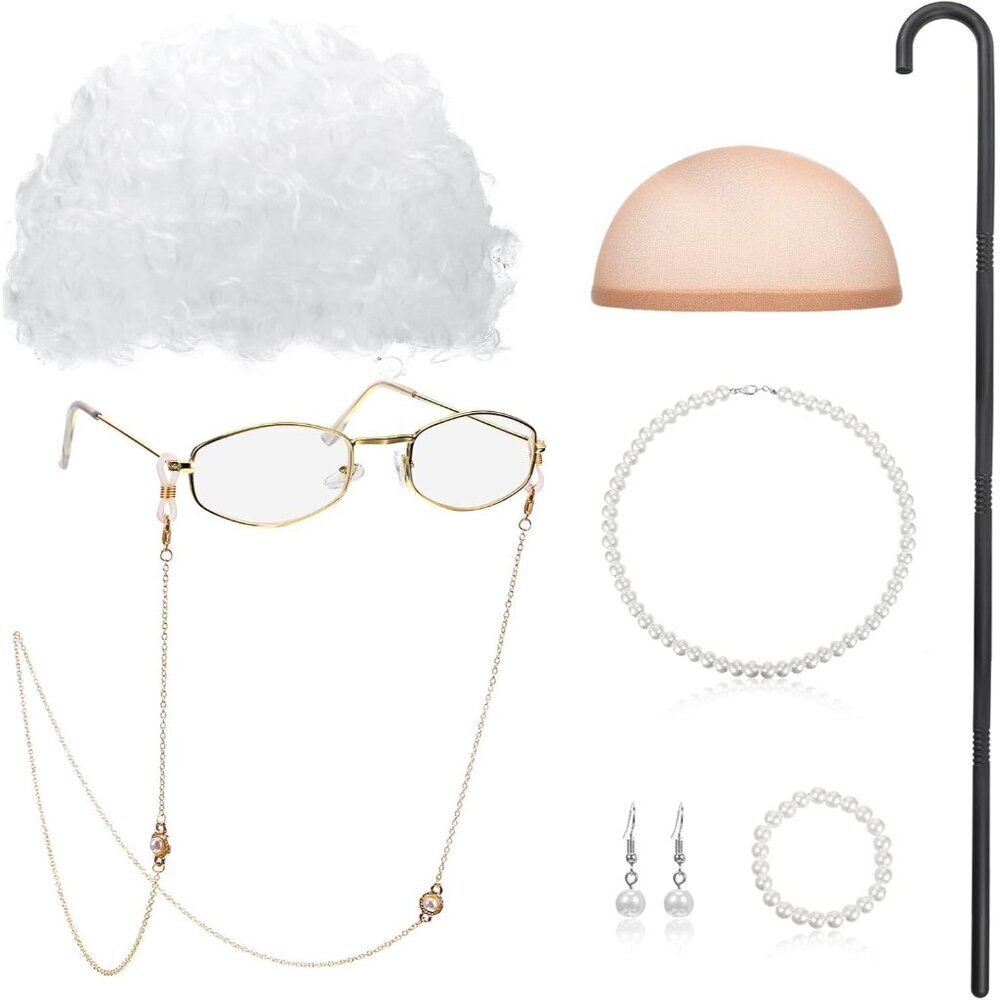 Old Lady Cosplay Costume Set Faux Pearl Necklace Gray Wig Glasses Cane